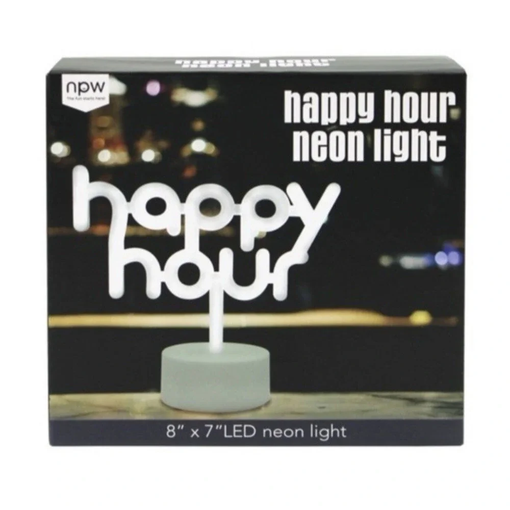 White Happy Hour Neon Sign - LED Neon Signs for Kitchen, Home Bar,‎ Party - NEW